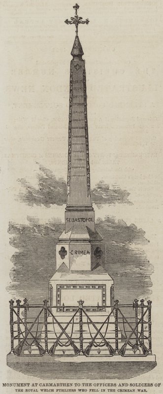 Denkmal in Carmarthen für die Offiziere und Soldaten der Royal Welch Fusiliers, die im Krimkrieg gefallen sind (Gravur) von English School