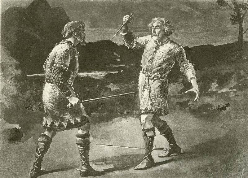 Mr. Alexander als Macduff und Mr. Irving als Macbeth (Gravur) von English School