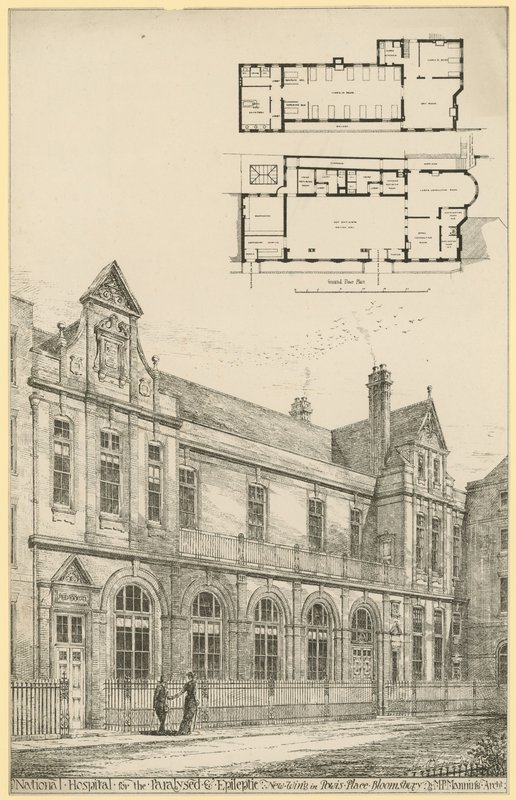 Nationalkrankenhaus für Gelähmte und Epileptiker: neuer Flügel in Powis Place, Bloomsbury von English School