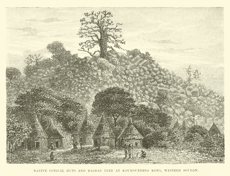 Einheimische konische Hütten und Baobab-Baum in Kourounding Koto, Westsudan von English School