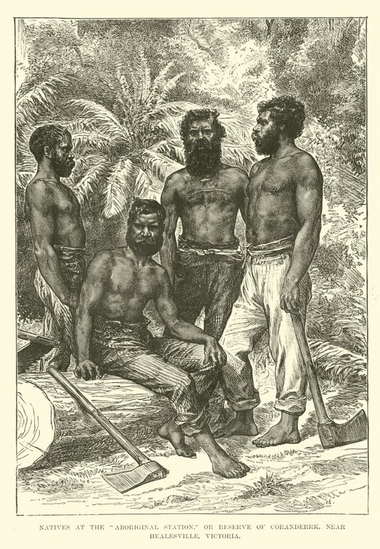 Einheimische an der Aborigines-Station oder Reserve von Coranderrk, nahe Healesville, Victoria von English School