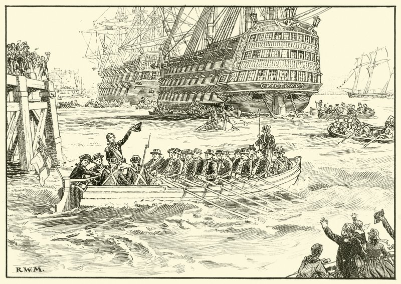 Nelson besteigt sein Flaggschiff in Portsmouth von English School