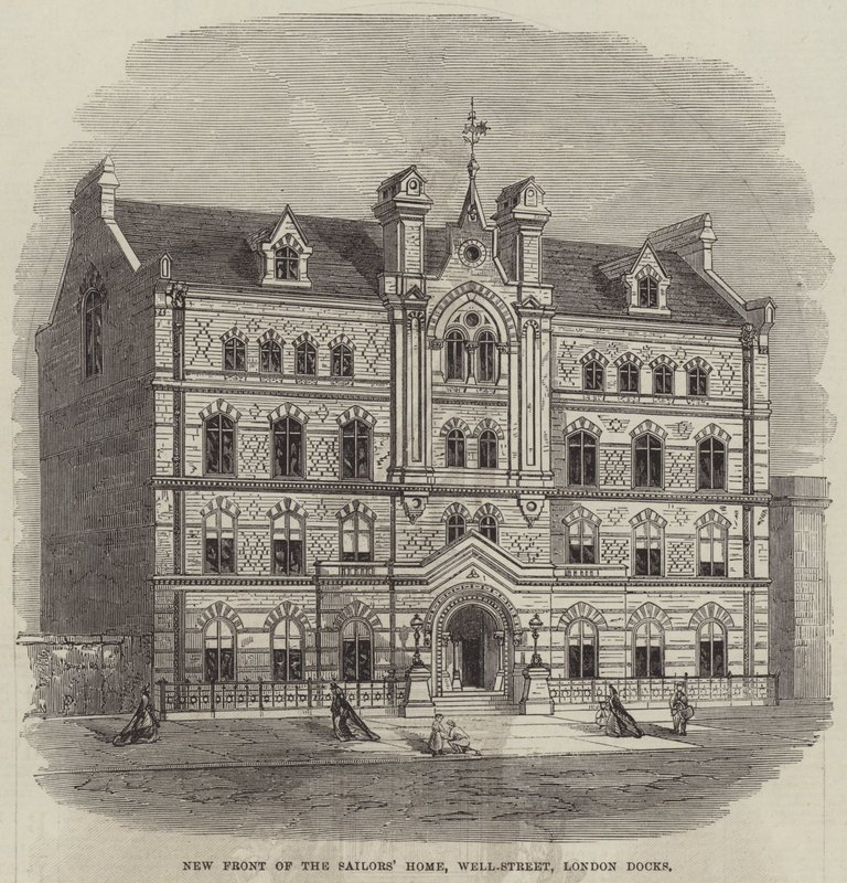 Neue Front des Seemannsheims, Well-Street, London Docks (Stich) von English School