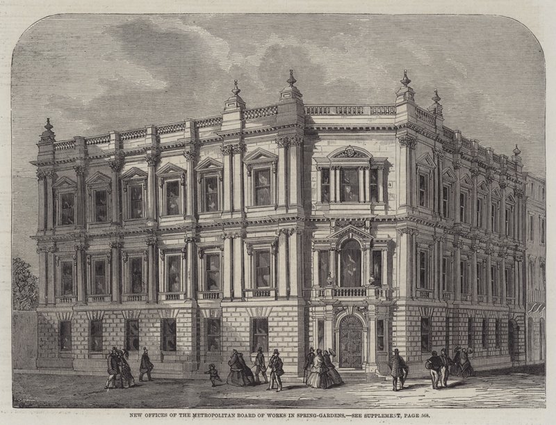 Neue Büros des Metropolitan Board of Works in Spring-Gardens (Gravur) von English School