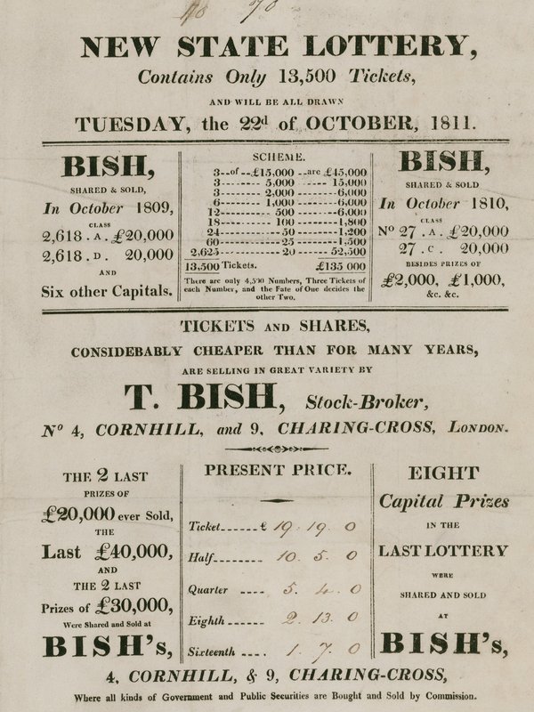 Neue Staatslotterie, betrieben von T. Bish, Börsenmakler, 4 Cornhill und 9 Charing Cross, London von English School