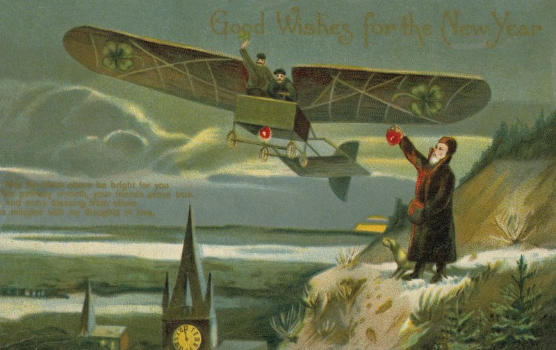 Neujahrskarte mit einem Flugzeug von English School