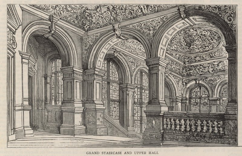 Neubau des Constitutional Club in der Northumberland Avenue: Große Treppe und oberer Saal von English School