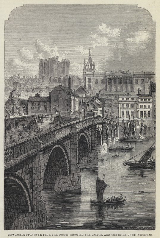 Newcastle-upon-Tyne von Süden, mit Blick auf das Schloss und den Turm von St. Nicholas (Gravur) von English School