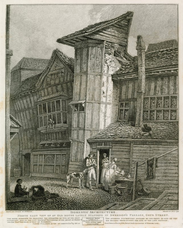Nordostansicht eines alten Hauses, das kürzlich in Sweedons Passage, Grub Street, stand von English School