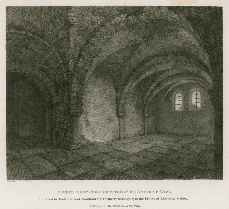 Nordansicht des Oratoriums des alten Gasthauses in der Tooley Street, Southwark von English School