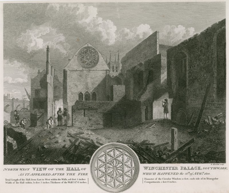 Nordwestansicht der Halle des Winchester Palace nach dem Brand von English School