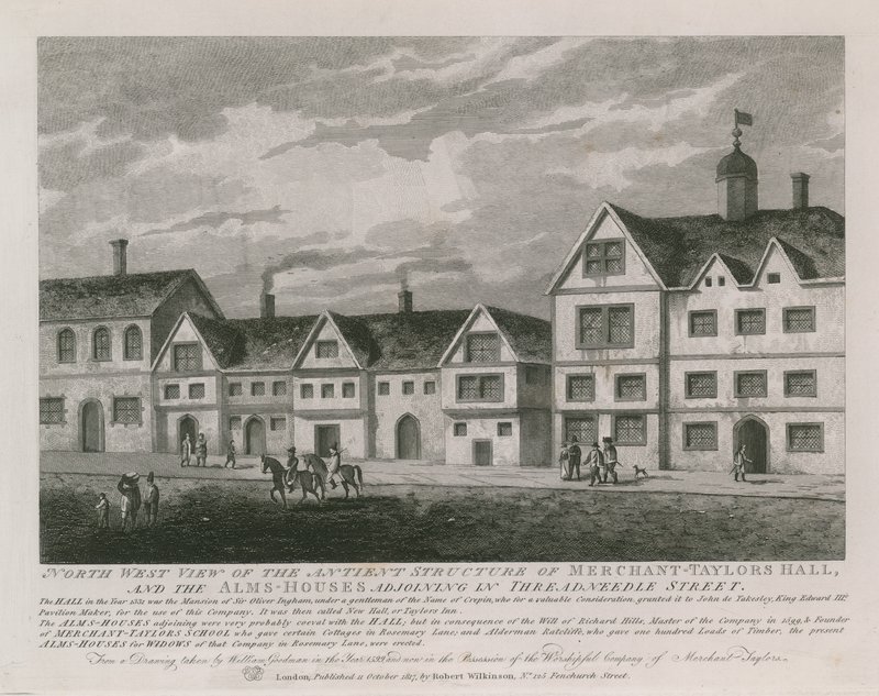 Nordwestansicht der antiken Struktur der Merchant Taylors Hall von English School