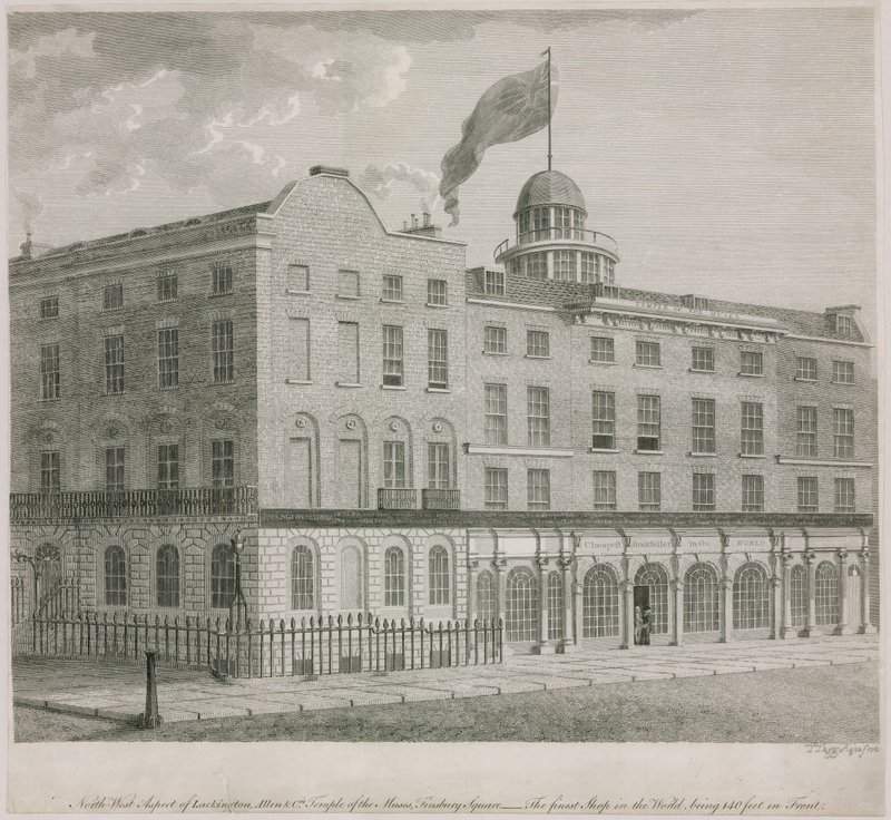 Nordwestansicht von Lackington, Allen & Cos Tempel der Musen, Finsbury Square von English School