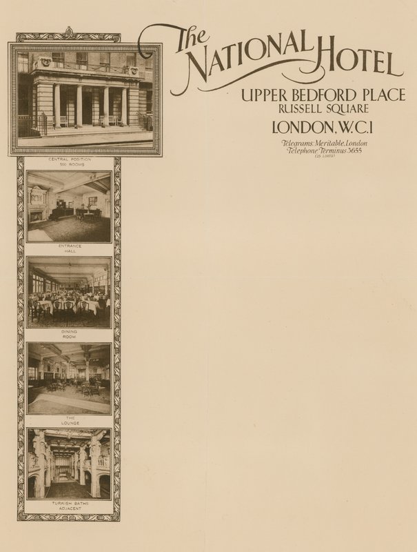 Briefpapier vom National Hotel, Upper Bedford Place, Russell Square von English School