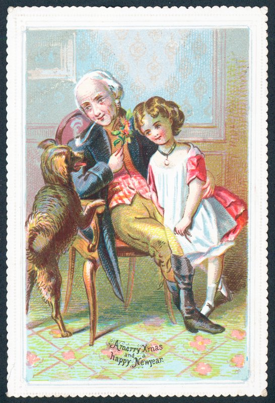 Alter Herr sitzt im Stuhl mit Mädchen und Hund, Weihnachtskarte von English School