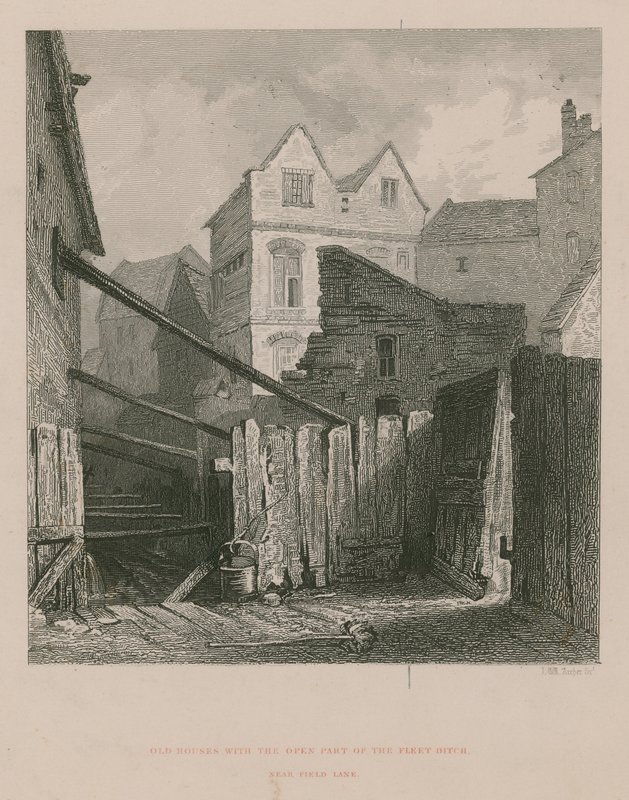 Alte Häuser mit dem offenen Teil des Fleet Ditch in der Nähe von Field Lane von English School