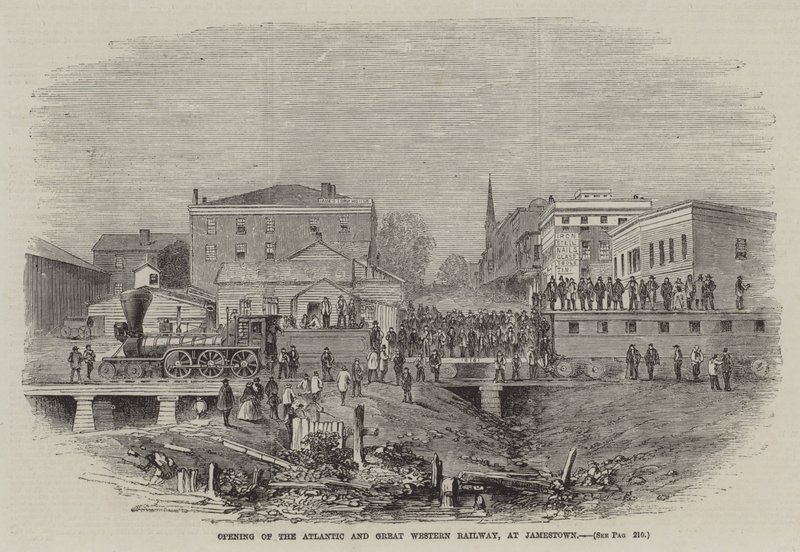 Eröffnung der Atlantic and Great Western Railway in Jamestown (Gravur) von English School