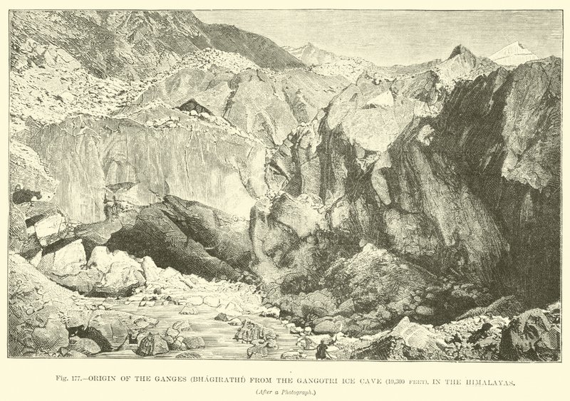 Ursprung des Ganges (Bhagirathi) aus der Gangotri-Eishöhle (10.300 Fuß), im Himalaya von English School