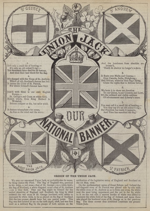 Ursprung des Union Jack (Gravur) von English School