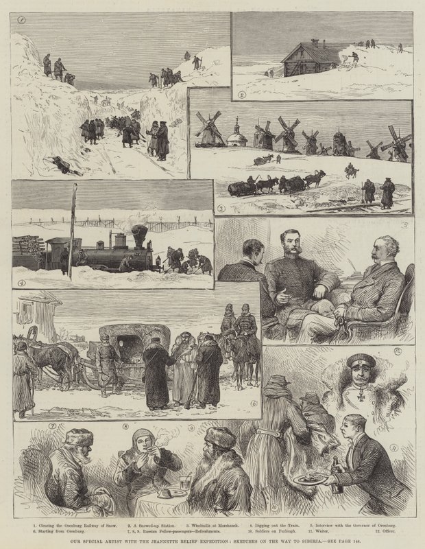 Unser Spezialkünstler mit der Jeannette-Entlastungsexpedition, Skizzen auf dem Weg nach Sibirien (Gravur) von English School