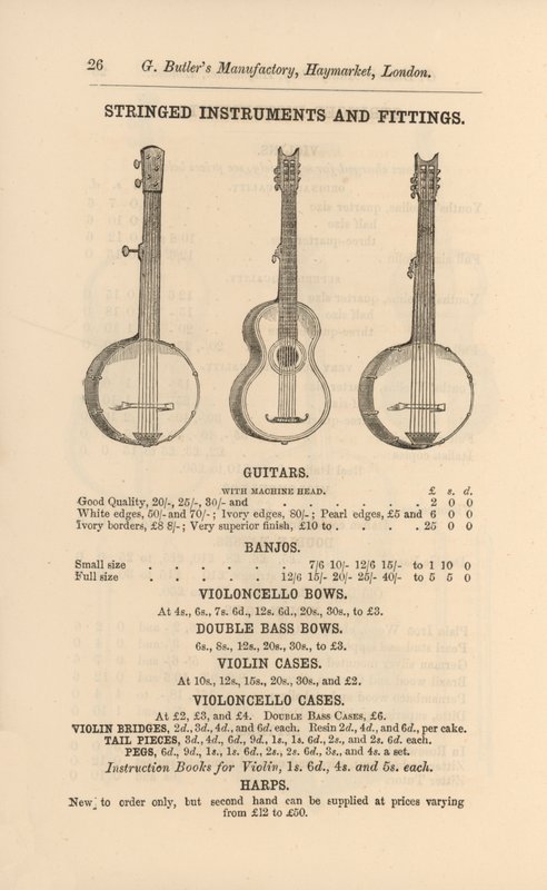 Seite aus G Butlers illustriertem Katalog von Musikinstrumenten (Stich) von English School