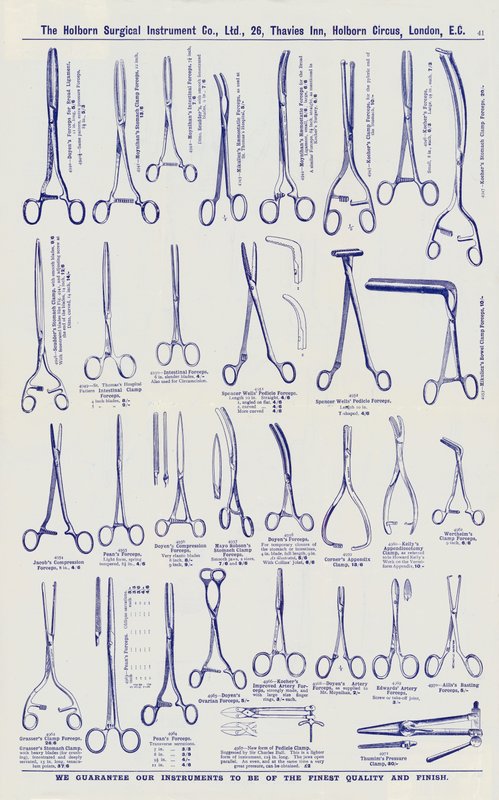 Seite aus einem Katalog für chirurgische Instrumente, ca. 1900 von English School