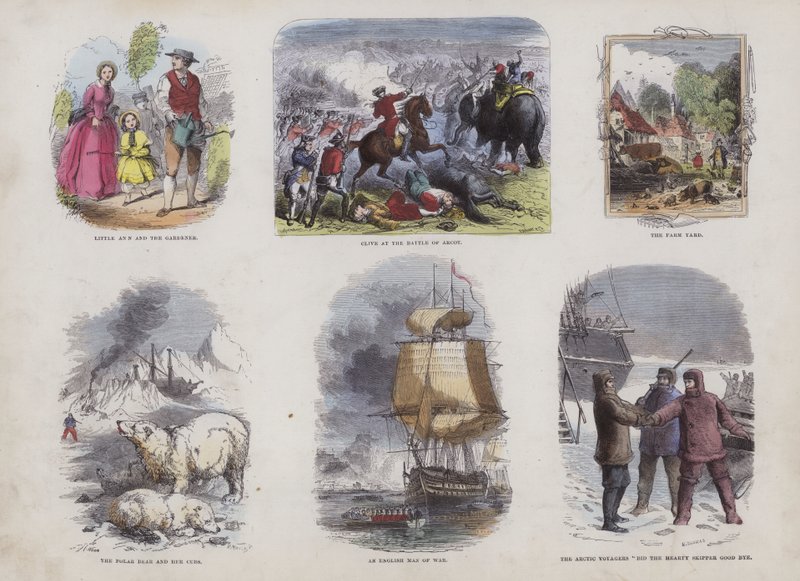 Seite aus dem attraktiven Bilderbuch (farbige Gravur) von English School