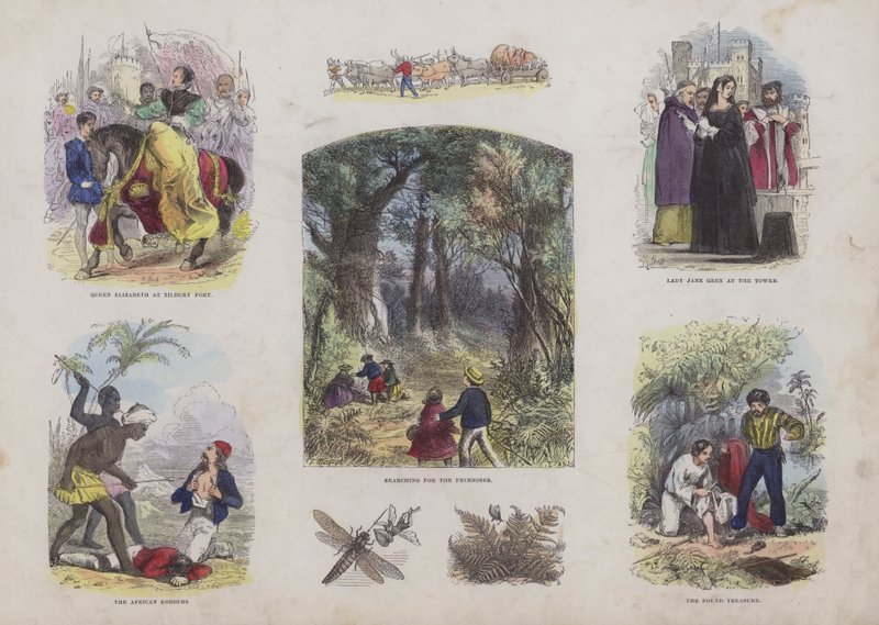 Seite aus dem attraktiven Bilderbuch (farbige Gravur) von English School