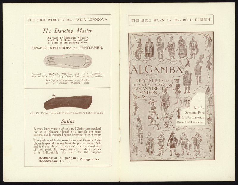 Seiten aus dem Katalog von Gambas berühmtem Mailänder Zehen-Ballettschuh von English School