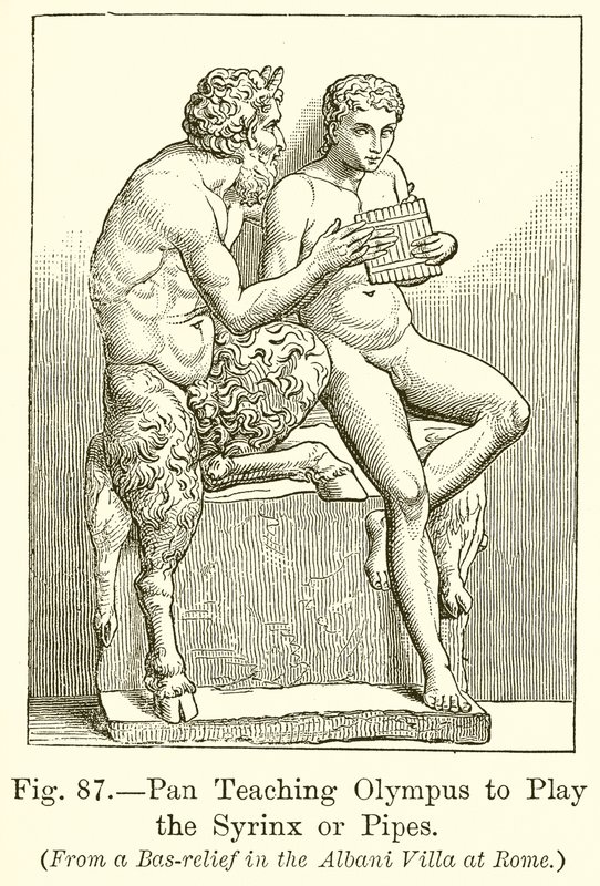 Pan lehrt Olympus, die Syrinx oder Pfeifen zu spielen von English School