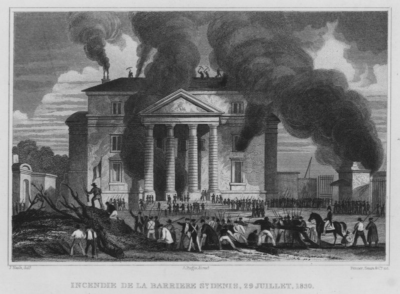 Paris, Brand der Barriere St Denis, 29. Juli 1830 (Gravur) von English School