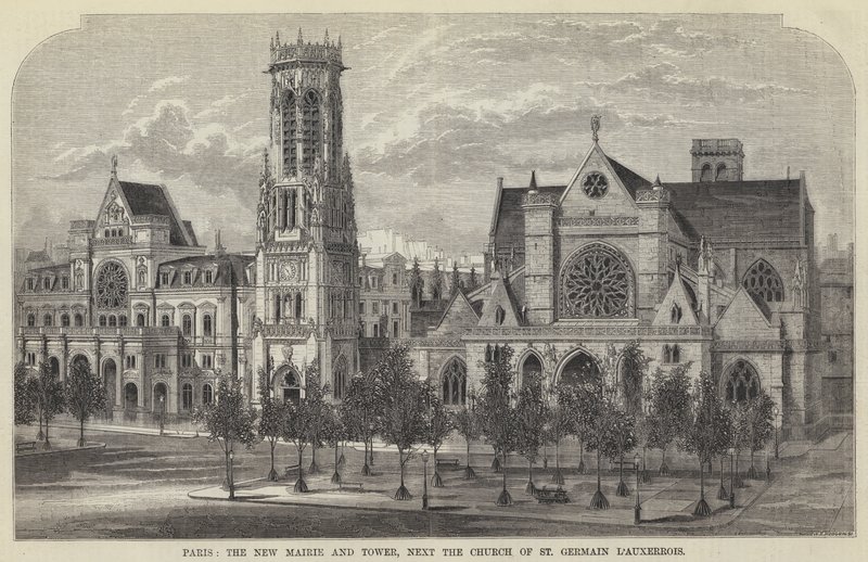 Paris, das neue Rathaus und der Turm, neben der Kirche St. Germain l