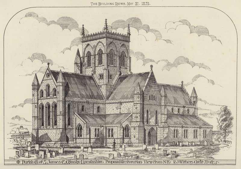 Pfarrkirche von St. James, Great Grimsby, Lincolnshire, vorgeschlagene Restaurierung, Ansicht von NE von English School