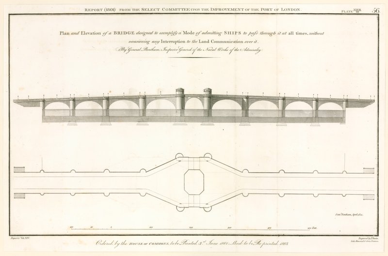 Plan für die London Bridge, die Schiffe durchlassen kann von English School