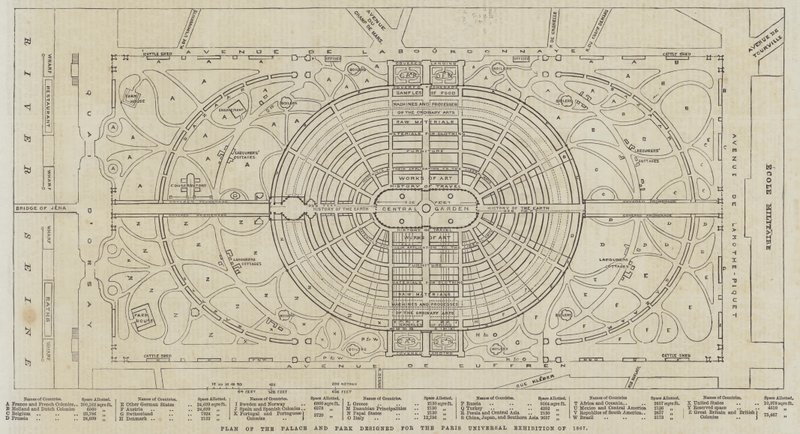Plan des Palastes und Parks für die Pariser Weltausstellung von 1867 (Gravur) von English School