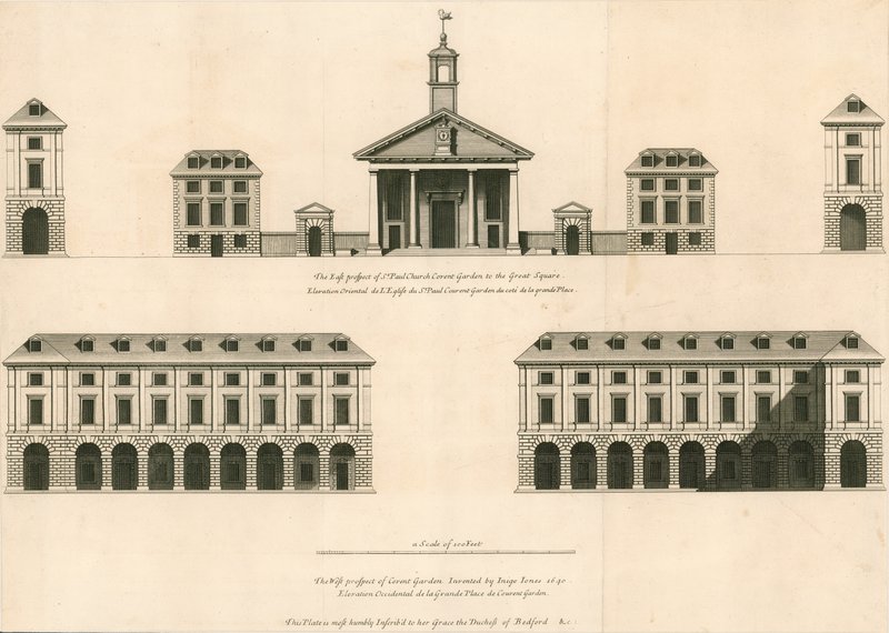 Plan des östlichen Ausblicks auf die St. Pauls Kirche, Covent Garden und westlicher Ausblick auf Covent Garden von English School