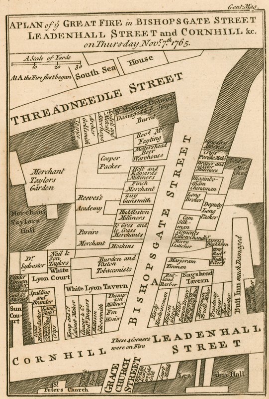 Plan des Feuers in der Bishopsgate Street, Cornhill und Leadenhall Street, London, das am 7. November 1765 begann von English School