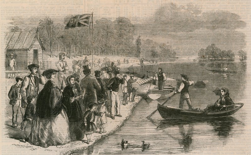 Vergnügungsboote auf dem Wasser im Regents Park von English School