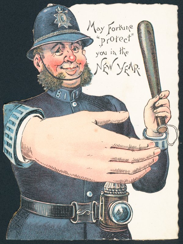Polizist mit Schlagstock und großer Hand, Neujahrskarte von English School