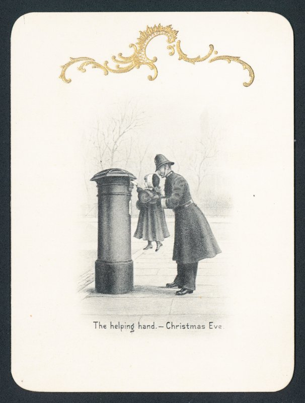 Polizist hebt Mädchen am Briefkasten hoch, Weihnachtskarte von English School