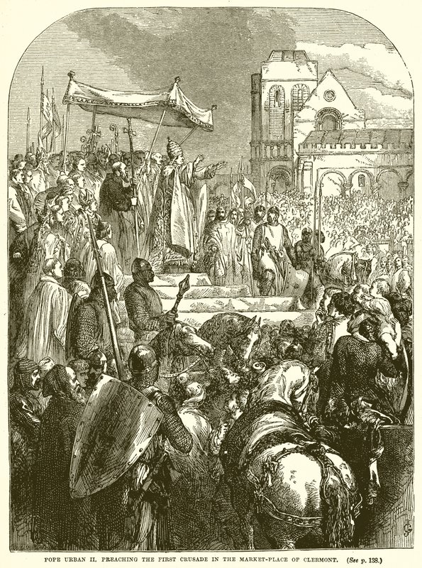 Papst Urban II predigt den Ersten Kreuzzug auf dem Marktplatz von Clermont von English School