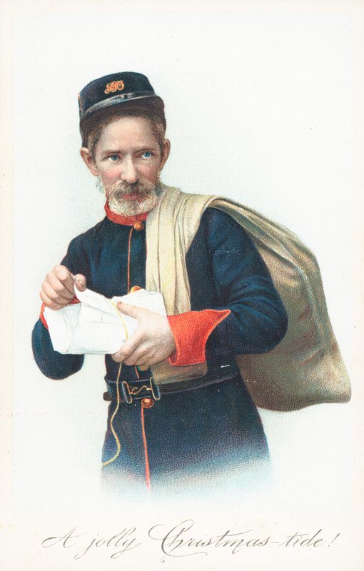 Postbote mit Sack, Weihnachtskarte von English School