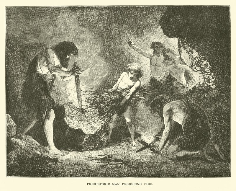Prähistorischer Mensch erzeugt Feuer von English School