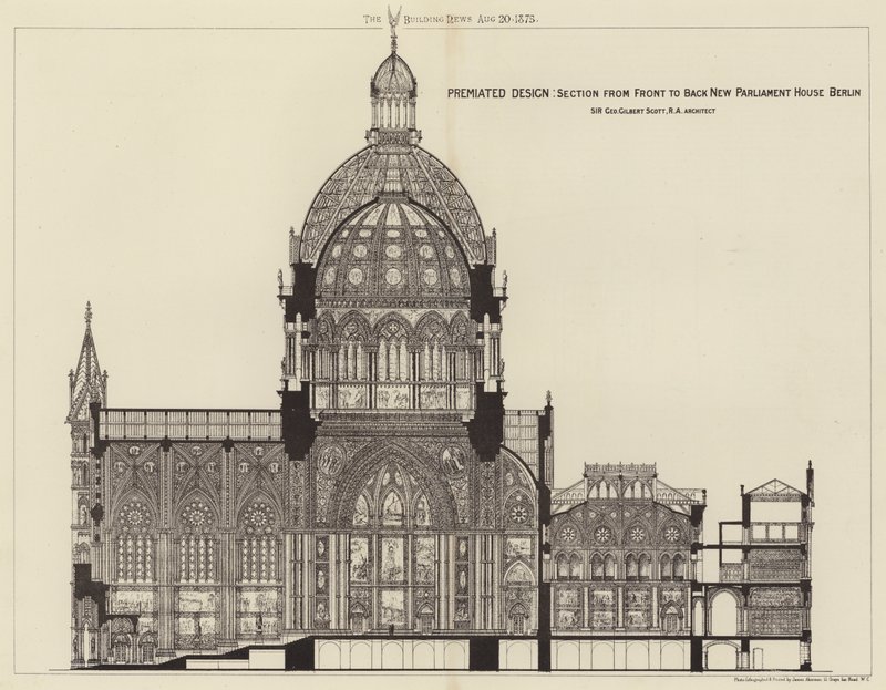 Prämiertes Design, Schnitt von vorne nach hinten Neues Parlamentshaus Berlin (Gravur) von English School