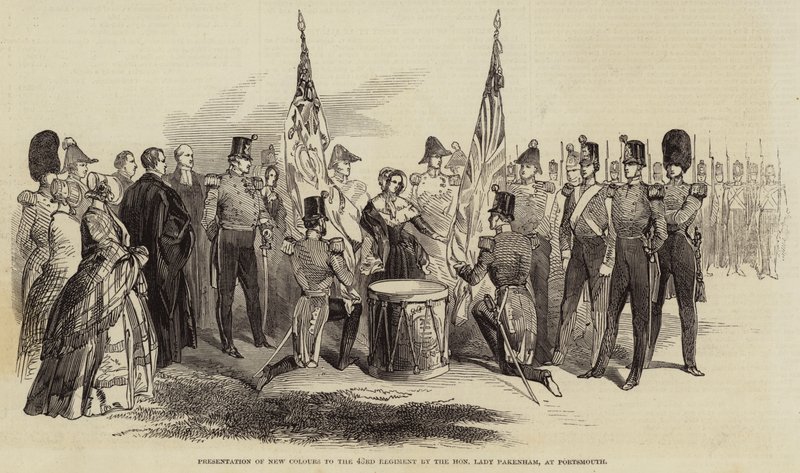 Präsentation neuer Farben an das 43. Regiment durch die ehrenwerte Lady Pakenham in Portsmouth (Gravur) von English School