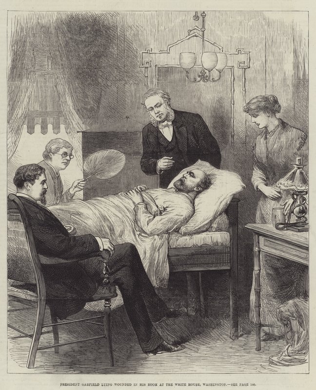 Präsident Garfield, verwundet in seinem Zimmer im Weißen Haus, Washington von English School
