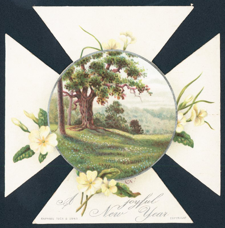 Primeln und Landschaftsszene, Neujahrskarte von English School