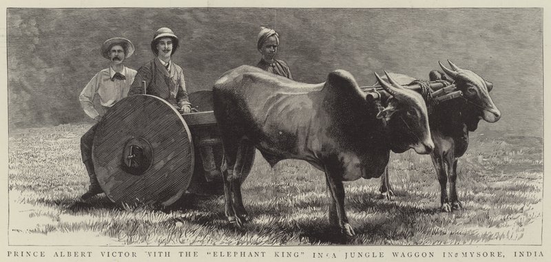 Prinz Albert Victor mit dem "Elefantenkönig" in einem Dschungelwagen in Mysore, Indien (Gravur) von English School