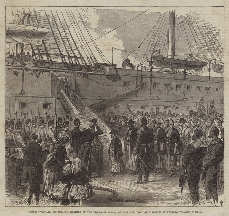 Prinz Tokugawa Minbutaiho, Bruder des Tycoon von Japan, besucht das Truppenschiff HM Serapis in Portsmouth (Stich) von English School