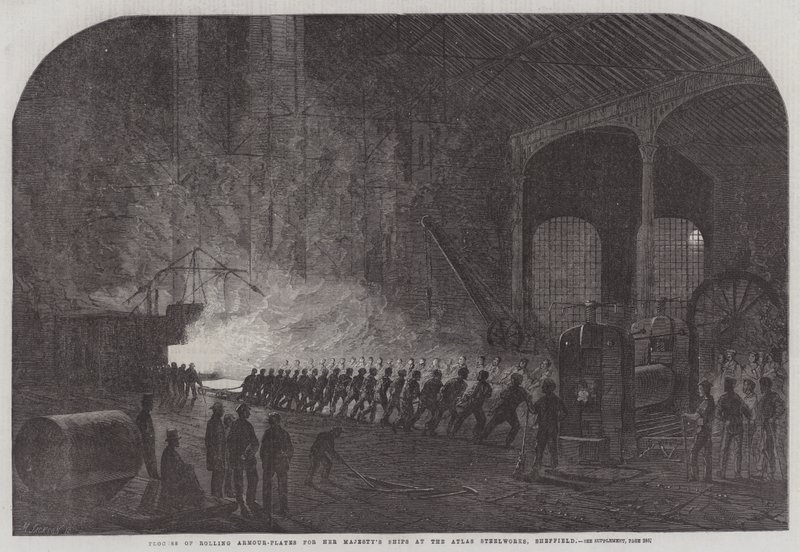 Prozess des Walzens von Panzerplatten für die Schiffe Ihrer Majestät in den Atlas Stahlwerken, Sheffield (Stich) von English School